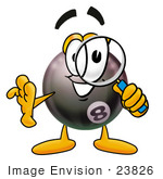 #23826 Clip Art Graphic Of A Billiards Eight Ball Cartoon Character Looking Through A Magnifying Glass