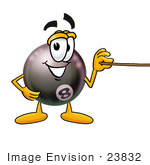 #23832 Clip Art Graphic Of A Billiards Eight Ball Cartoon Character Holding A Pointer Stick