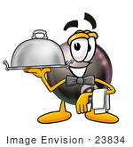 #23834 Clip Art Graphic Of A Billiards Eight Ball Cartoon Character Dressed As A Waiter And Holding A Serving Platter