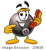 #23835 Clip Art Graphic Of A Billiards Eight Ball Cartoon Character Holding A Telephone