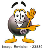 #23839 Clip Art Graphic Of A Billiards Eight Ball Cartoon Character Waving And Pointing