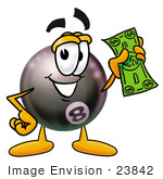 #23842 Clip Art Graphic Of A Billiards Eight Ball Cartoon Character Holding A Dollar Bill