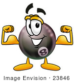 #23846 Clip Art Graphic Of A Billiards Eight Ball Cartoon Character Flexing His Arm Muscles