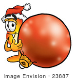 #23887 Clip Art Graphic Of A Fire Cartoon Character Wearing A Santa Hat Standing With A Christmas Bauble
