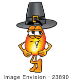 #23890 Clip Art Graphic Of A Fire Cartoon Character Wearing A Pilgrim Hat On Thanksgiving