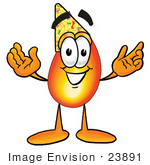 #23891 Clip Art Graphic Of A Fire Cartoon Character Wearing A Birthday Party Hat