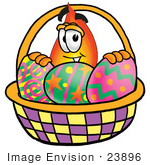 #23896 Clip Art Graphic Of A Fire Cartoon Character In An Easter Basket Full Of Decorated Easter Eggs
