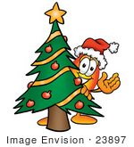 #23897 Clip Art Graphic Of A Fire Cartoon Character Waving And Standing By A Decorated Christmas Tree