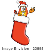 #23898 Clip Art Graphic Of A Fire Cartoon Character Wearing A Santa Hat Inside A Red Christmas Stocking