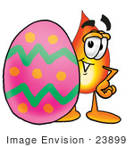 #23899 Clip Art Graphic Of A Fire Cartoon Character Standing Beside An Easter Egg