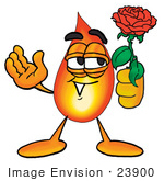 #23900 Clip Art Graphic Of A Fire Cartoon Character Holding A Red Rose On Valentines Day