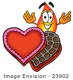 #23902 Clip Art Graphic Of A Fire Cartoon Character With An Open Box Of Valentines Day Chocolate Candies