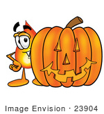 #23904 Clip Art Graphic Of A Fire Cartoon Character With A Carved Halloween Pumpkin