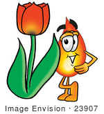 #23907 Clip Art Graphic Of A Fire Cartoon Character With A Red Tulip Flower In The Spring