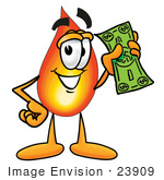 #23909 Clip Art Graphic Of A Fire Cartoon Character Holding A Dollar Bill