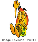 #23911 Clip Art Graphic Of A Fire Cartoon Character Plugging His Nose While Jumping Into Water