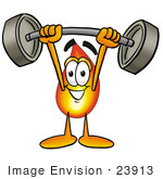 #23913 Clip Art Graphic Of A Fire Cartoon Character Holding A Heavy Barbell Above His Head