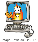 #23917 Clip Art Graphic Of A Fire Cartoon Character Waving From Inside A Computer Screen