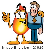 #23925 Clip Art Graphic Of A Fire Cartoon Character Talking To A Business Man