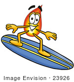 #23926 Clip Art Graphic Of A Fire Cartoon Character Surfing On A Blue And Yellow Surfboard