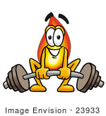 #23933 Clip Art Graphic Of A Fire Cartoon Character Lifting A Heavy Barbell
