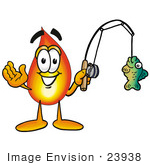 #23938 Clip Art Graphic Of A Fire Cartoon Character Holding A Fish On A Fishing Pole