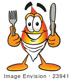 #23941 Clip Art Graphic Of A Fire Cartoon Character Holding A Knife And Fork