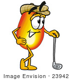 #23942 Clip Art Graphic Of A Fire Cartoon Character Leaning On A Golf Club While Golfing
