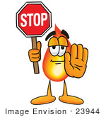 #23944 Clip Art Graphic Of A Fire Cartoon Character Holding A Stop Sign