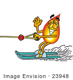 #23948 Clip Art Graphic Of A Fire Cartoon Character Waving While Water Skiing