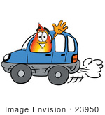 #23950 Clip Art Graphic Of A Fire Cartoon Character Driving A Blue Car And Waving