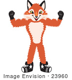 #23960 Clipart Picture Of A Fox Mascot Cartoon Character Flexing His Arm Muscles