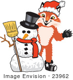 #23962 Clipart Picture Of A Fox Mascot Cartoon Character With A Snowman On Christmas