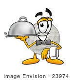 #23974 Clip Art Graphic Of A Golf Ball Cartoon Character Dressed As A Waiter And Holding A Serving Platter
