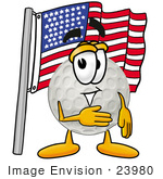 #23980 Clip Art Graphic Of A Golf Ball Cartoon Character Pledging Allegiance To An American Flag