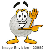 #23985 Clip Art Graphic Of A Golf Ball Cartoon Character Waving And Pointing