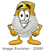 #23991 Clip Art Graphic Of A Golf Ball Cartoon Character Wearing A Hardhat Helmet