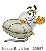 #23997 Clip Art Graphic Of A Golf Ball Cartoon Character With A Computer Mouse
