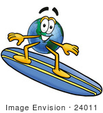 #24011 Clip Art Graphic Of A World Globe Cartoon Character Surfing On A Blue And Yellow Surfboard
