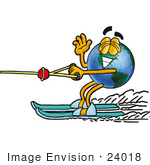 #24018 Clip Art Graphic Of A World Globe Cartoon Character Waving While Water Skiing