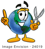 #24019 Clip Art Graphic Of A World Globe Cartoon Character Holding A Pair Of Scissors