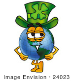 #24023 Clip Art Graphic Of A World Globe Cartoon Character Wearing A Saint Patricks Day Hat With A Clover On It