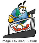 #24030 Clip Art Graphic Of A World Globe Cartoon Character Walking On A Treadmill In A Fitness Gym
