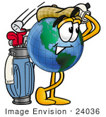 #24036 Clip Art Graphic Of A World Globe Cartoon Character Swinging His Golf Club While Golfing