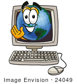 #24049 Clip Art Graphic Of A World Globe Cartoon Character Waving From Inside A Computer Screen