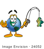 #24052 Clip Art Graphic Of A World Globe Cartoon Character Holding A Fish On A Fishing Pole