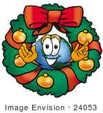 #24053 Clip Art Graphic Of A World Globe Cartoon Character In The Center Of A Christmas Wreath