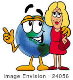 #24056 Clip Art Graphic Of A World Globe Cartoon Character Talking To A Pretty Blond Woman