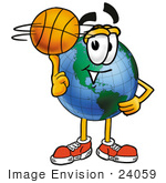 #24059 Clip Art Graphic Of A World Globe Cartoon Character Spinning A Basketball On His Finger