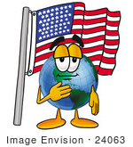 #24063 Clip Art Graphic Of A World Globe Cartoon Character Pledging Allegiance To An American Flag